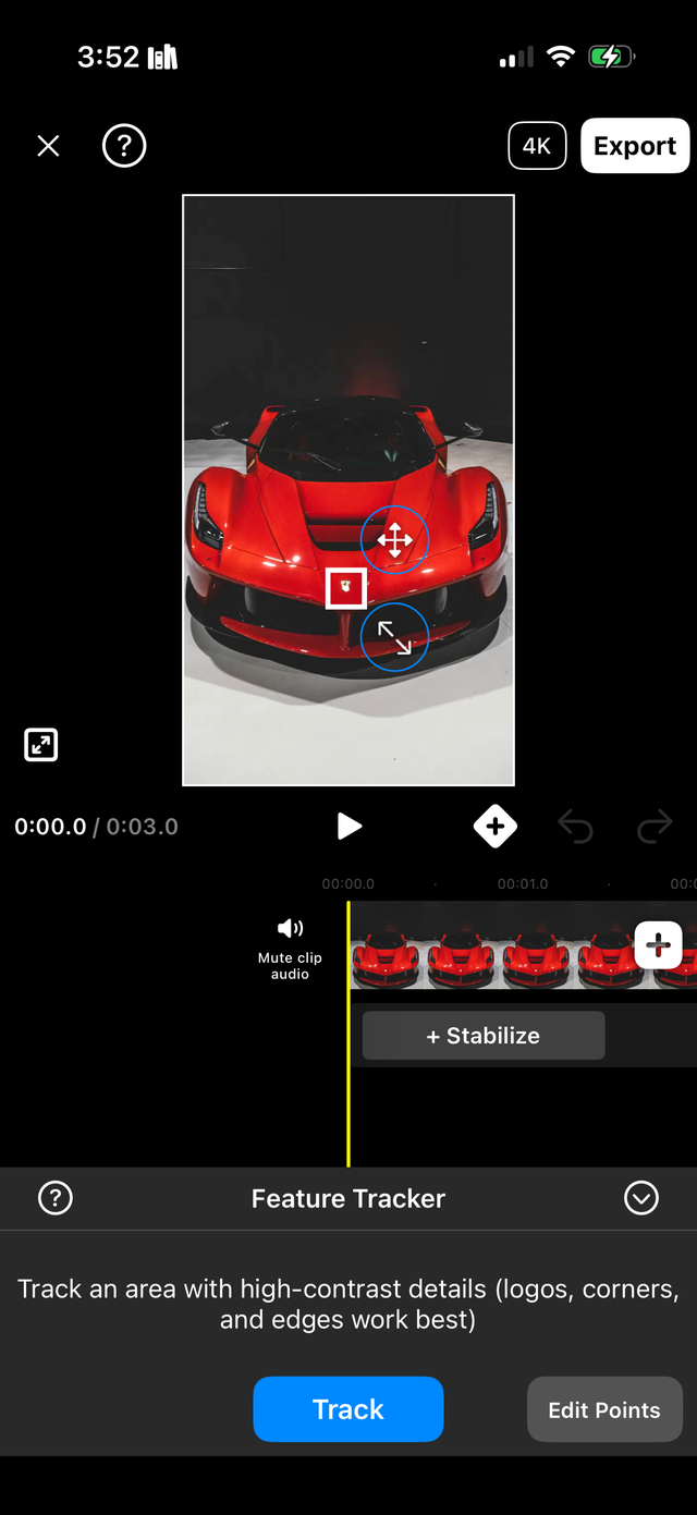 Motion Track on an iPhone, with the tracking box placed on the front of a red sports car.